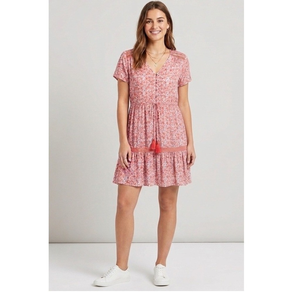 Knox Rose Women XXL Coral Floral Boho Mini Dress V-Neck Tassel Tie‎ Pockets